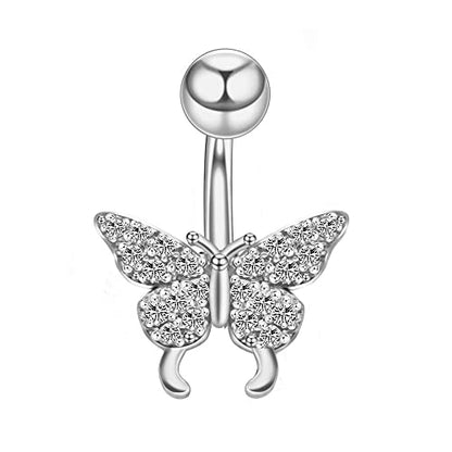 COLORFUL BLING 14G Dangle Butterfly Belly Button Rings,Stainless Steel Belly Rings,925 Sterling Silver CZ Opal Belly Body Piercing Jewelry for Women - color: A