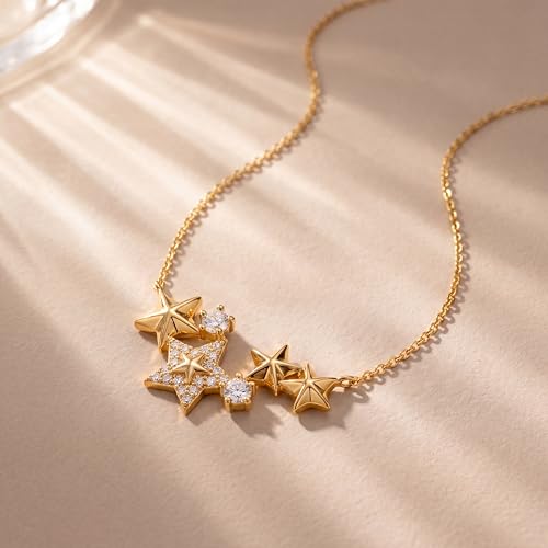 Valloey Rover Gold Star Necklace for Women: Danity 14K Gold Plated Star Moon Charm Pendant with Cubic Zirconia Choker Necklace for Women Trendy Jewelry Gift - color: round stars
