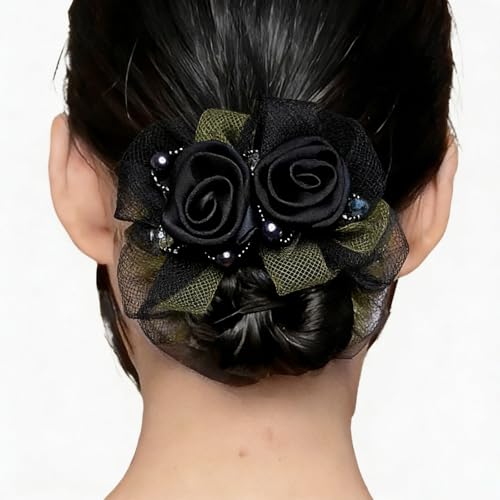 Satin Hair Scrunchie with Rose Flower, Brown and Gold, Pearl Beads, Ribbon Bow, Hair Tie Accessory, 9cm (black) - color: black