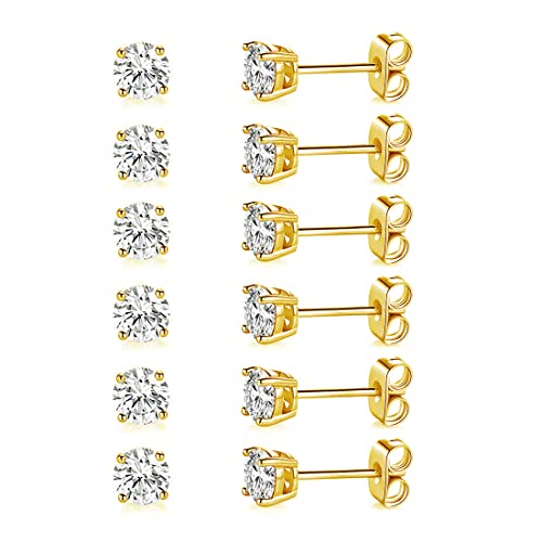 MDFUN Hypoallergenic CZ Stud Earrings Set for Women/Men,6 Pairs 18K Gold Plated Round 3-8mm Clear Cubic Zirconia Earring Pack Jewelry Gift - color: Yellow gold-7mm-6 pairs