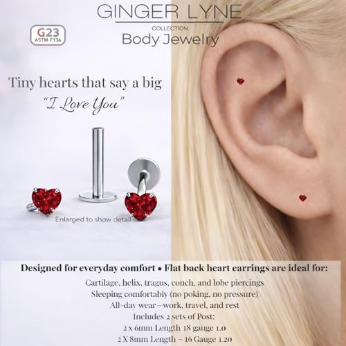 Titanium Heart CZ Labret Stud Earrings for Piercings by Ginger Lyne 6Pc Set G23 Screw Front Flat Back Body Jewelry 2 pair post 6mm, 8mm Cartilage, Helix, Tragus, Lip, Conch, Lobe - color: 3mm-Red