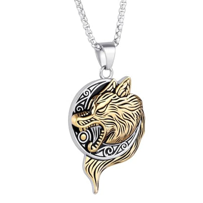 Stainless Steel Gothic Y2K Punk Rock Emo Biker Pendant Necklace | Cosplay Vintage Viking Alt Edgy Fashion Charm Necklace Jewelry for Men Women Active Daily Wear - style: Wolf Head Moon Medallion Gold
