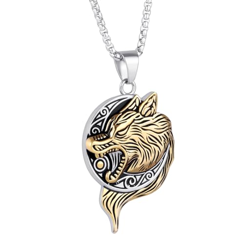 Stainless Steel Gothic Y2K Punk Rock Emo Biker Pendant Necklace | Cosplay Vintage Viking Alt Edgy Fashion Charm Necklace Jewelry for Men Women Active Daily Wear - style: Wolf Head Moon Medallion Gold
