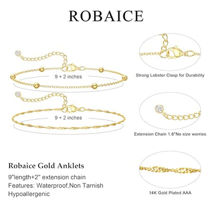 Robaice Ankle Bracelets for Women, 14K Gold Plated/Silver Layered Anklets | Waterproof Adjustable Anklet for Women, Summer Beach Anklet, Glitter Jewelry for Women Gifts - color: Gold-6
