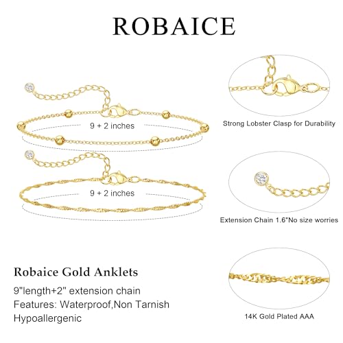 Robaice Ankle Bracelets for Women, 14K Gold Plated/Silver Layered Anklets | Waterproof Adjustable Anklet for Women, Summer Beach Anklet, Glitter Jewelry for Women Gifts - color: Gold-6
