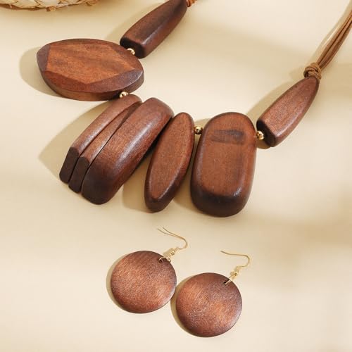 Coiris Chunky Statement Necklace and Earring Sets for Women Boho Wooden Necklaces Earrings Jewelry Set for Women - color: Brown