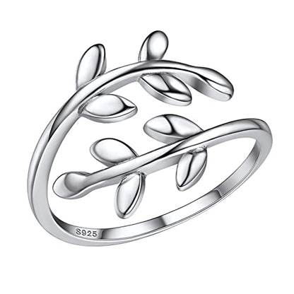 PROSILVER 925 Sterling Silver Adjustable Open Ring for Women, Solid Sterling Silver Stackable Ring, knuckle Finger Ring, Pinky Ring, Come with Box - style: 07 Olive Branch
