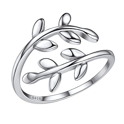 PROSILVER 925 Sterling Silver Adjustable Open Ring for Women, Solid Sterling Silver Stackable Ring, knuckle Finger Ring, Pinky Ring, Come with Box - style: 07 Olive Branch