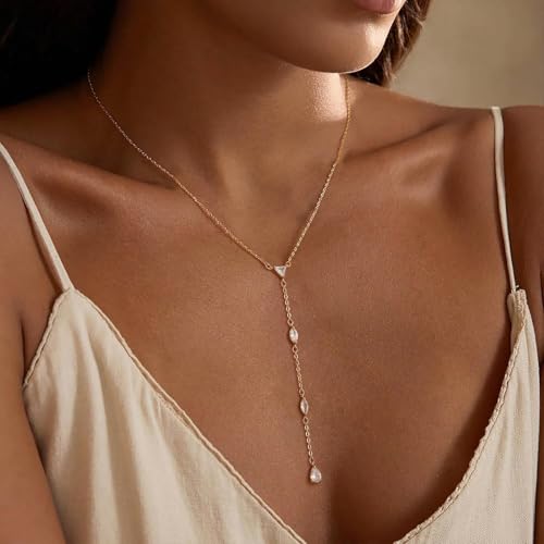 Lariat Gold Necklace for Women, 14K Gold Plated Dainty Drop Y Necklace, Waterproof Non Tarnish Long Layered Beaded Chain Lariat Necklace Prom Jewelry Summer Vacation Gift for Her - color: Gold-1