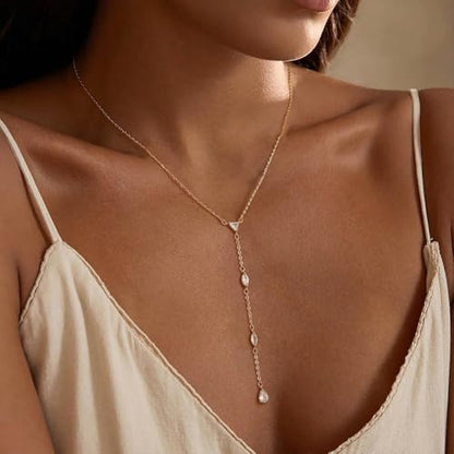 Lariat Gold Necklace for Women, 14K Gold Plated Dainty Drop Y Necklace, Waterproof Non Tarnish Long Layered Beaded Chain Lariat Necklace Prom Jewelry Summer Vacation Gift for Her - color: Gold-1