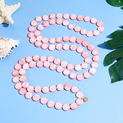 Firstmeet Flat Round Coin Shell Beads Long Knotted Necklace Natural Mother of Pearl Handmade Jewelry For Women - color: Pink