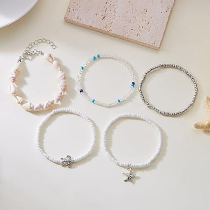 Beaded Starfish Mermaid Anklets Bracelet for Women Waterproof Starfish Shell Pearl Anklet Stackable Stretch Beaded Anklets Hawaiian Beach Jewelry Mermaid Costume Outfits Accessories - style: Turtle Starfish