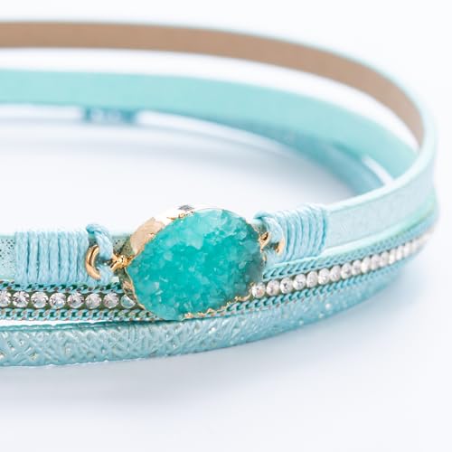 Boho Chunky Leather Wrap Bracelets Stackable Beaded Western Country Jewelry | Crystal Bead Trendy Layered Cuff Magnetic Clasp Stack Bohemian Statement Costume Outfits Cowgirl Fashion Hippie Accessories - color: Teal, size: 14.7"