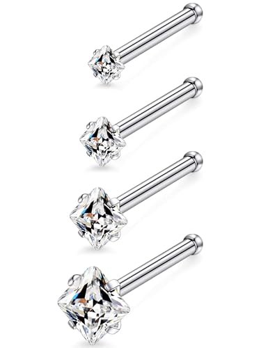 18G 20G 14K Gold Filled Nose Rings Studs Piercing Jewelry For Women Men 316L Surgical Steel Round Square Cubic Zirconia Nose Rings Studs Nostrial Piercing Jewelry CZ 1.5mm 2mm 2.5mm 3mm - color: Silver, size: 18 Gauge-Straight-Square CZ