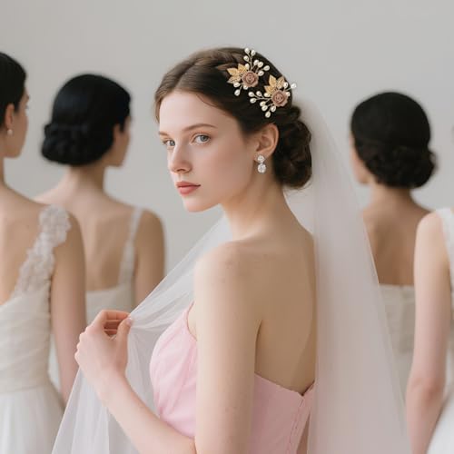 Wedding Hair Accessories Hair pieces Set Crystal bridal hair pins Rhinestone Pearl hair comb Brides and Bridesmaids, Girls, Women(（4PCS/SET PINK) - color: pink
