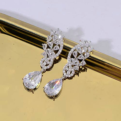 CZ Bridal Earrings for Wedding - 14k Plated Sterling Silver Elegant Teardrop Cubic Zirconia Crystal Rhinestone Floarl Leaf Cluster Chandelier Statement Dangle Drop Earrings for Bride Bridesmaids Party - color: 14K White Gold Plated