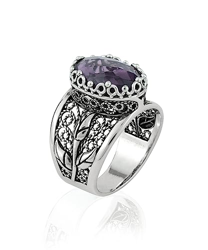 Filigranist 925 Sterling Silver Filigree Art Lace Embroidery Tulip Detailed Gemstone Women Cocktail Ring, Luxurious Gift Boxed - color: Amethyst