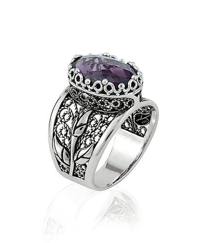 Filigranist 925 Sterling Silver Filigree Art Lace Embroidery Tulip Detailed Gemstone Women Cocktail Ring, Luxurious Gift Boxed - color: Amethyst