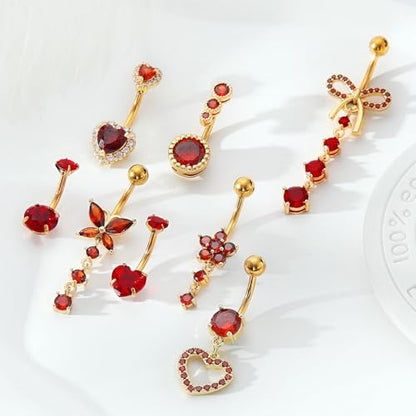 BSJ4U 8Pcs Gold Pink Silver Belly Button Ring Dangle Navel Belly Piercing Jewelry Cute CZ Butterfly Heart Flower Bow Navel Belly Rings for Women 14G Hypoallergenic Surgical Stainless Steel Dainty Dangling Dangly Belly Button Piercing Pack - color: Gold Re