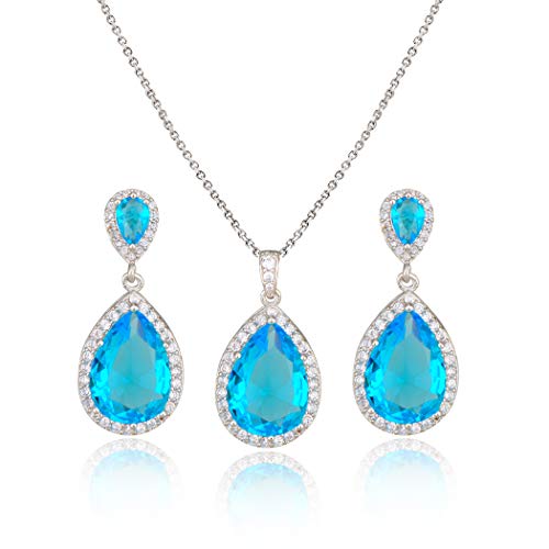 Bridal Jewelry Set for Wedding - 18k Plated Teardrop CZ Crystal Cubic Zirconia Rhinestone Necklace Earrings Set for Bride Bridesmaids Mother of Bride Party Prom Birthstone Costume Jewelry - color: Mar-Aquamarine
