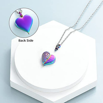 shajwo Cremation Heart Urn Necklace Ashes Jewelry for Women Men Keepsake Pendant Memorial Locket Ash Holder - color: Wing-Rainbow