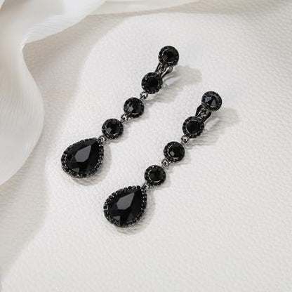 EleQueen Women's Wedding Crystal Teardrop Pear Shape 3 Inch Clip on Long Dangle Earrings for Bride Bridesmaid, Jewelry for Party Prom/Anniversary - color: Black Black -Tone