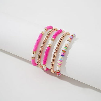 GOOJIDS Surfer Heishi Clay Bead Bracelets for Women Bohemian Stackable Gold Plated Beaded Stretch Bracelets Elastic Layering Friendship Bracelets Set Boho Jewelry - color: A-Multicolor Rose Sets