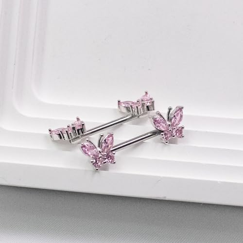 VERAMI 14G Stainless Steel Heart Nipple Rings and Barbell - Butterfly, Starlight Acrylic Ball, Tongue Rings for Women and Men - color: PINK BUTTERFLY