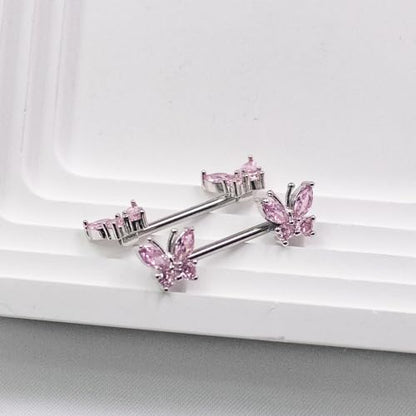 VERAMI 14G Stainless Steel Heart Nipple Rings and Barbell - Butterfly, Starlight Acrylic Ball, Tongue Rings for Women and Men - color: PINK BUTTERFLY