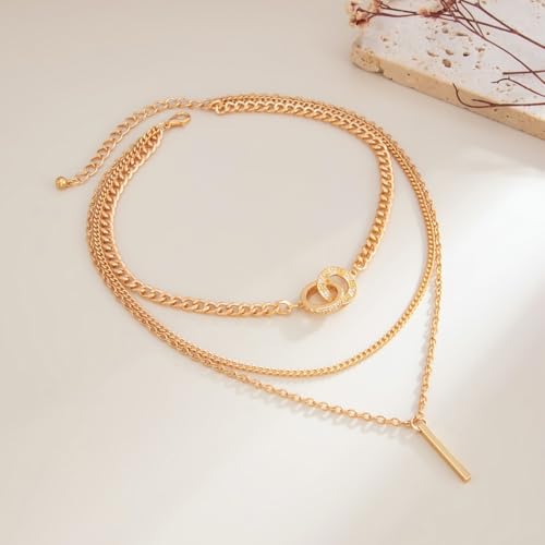 Gold Layered Necklace for Women Chunky Stacked Chain Link Paperclip Evil Eye Necklace Trendy Punk Jewelry - color: W-GoldA