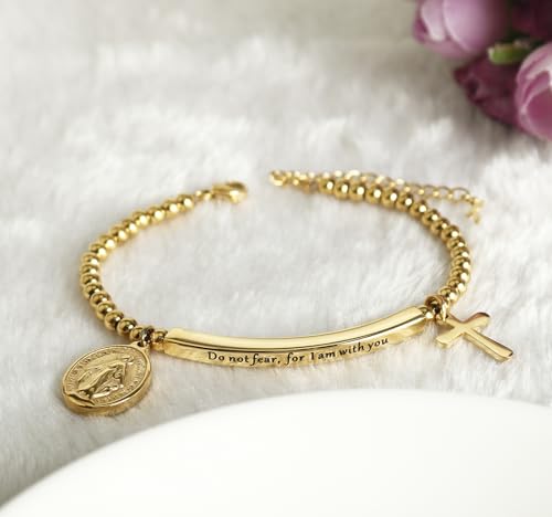 DS Inspirational Bracelet for Women Christian Engraved Bibler Verse Cross Butterfly Daisies Charm Bracelet, Exquisite Stainless Steel Jewelry Daughter Best Friend Bestie - style: Do not fear for,I am with you-Gold