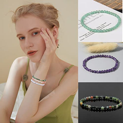 FIRAZIO 20Pcs 4mm Gemstone Beaded Bracelets for Women Mens | Crystal Stone Bracelet Stretch Mini Round Beads Elastic Bracelets Jewelry Gift