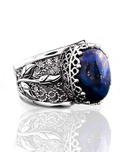 Filigranist 925 Sterling Silver Filigree Art Lace Embroidery Tulip Detailed Gemstone Women Cocktail Ring, Luxurious Gift Boxed - color: Lapis Lazuli