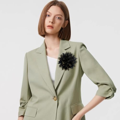 12cm Holiday Handmade Fabric Flower Brooch Pin for Women Girls Fashion Gold Thread Stripes Peony Brooches Lapel Hair Pins Dainty Anniversary Wedding Festival Dress Accessories Gift - color: Black