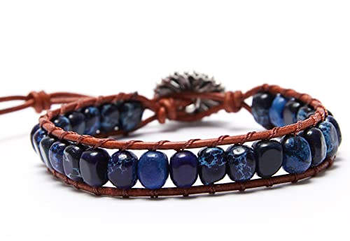 7 Chakra Bracelet Bohemian Handmade Leather Wrap Healing Protection Natural Stone Yoga Beaded Bracelets Boho Friendship Jewelry - color: Navy Blue Turquoise