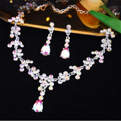 Crystal Crown and Tiara Jewelry Set for Women Bride with Necklace Earrings | Metal Rhinestone Royal Queen Princess Jewelry Set Wedding Quinceanera Pageant Prom Birthday Halloween Party Costume Gift - color: Silver ab