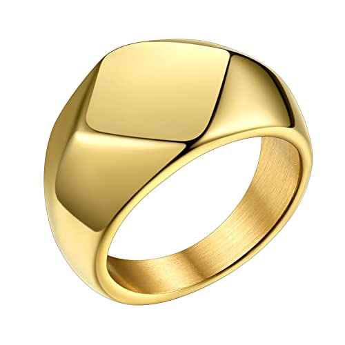 Bestyle Stainless Steel Signet Ring for Men Women in Gold/Black/Silver/Vintage Gray Tone, Chunky Thick Heavy Dome Band Ring Cool Finger Ring, Gift for Dad Husband, Size 7-14 Customizable - color: 03.Gold-Rhombus