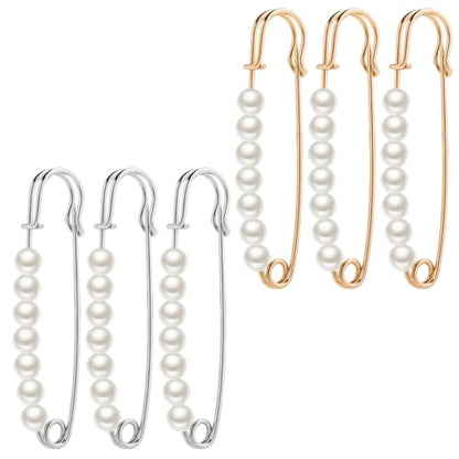6 Pcs Faux Pearl Brooch Pins Decorative Safety Pins Pants Clips to Tighten Waist Sweater Shawl Clips Large Shawl Pins for Women Clothing Dress Pants Skirt Accessories Waist Extender Decoratine Pins