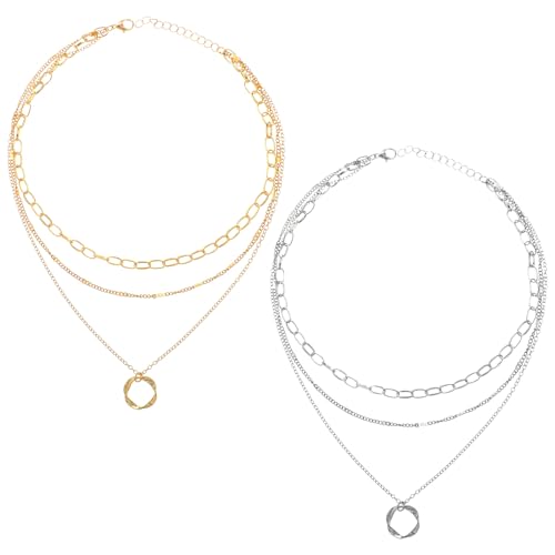 2 PCS Layered Necklaces for Women, Gold & Silver Multi Layered Necklaces with Pendant, Stacked Necklace Elegant Multilayer Adjustable Layering Chain