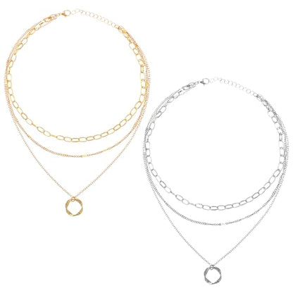 2 PCS Layered Necklaces for Women, Gold & Silver Multi Layered Necklaces with Pendant, Stacked Necklace Elegant Multilayer Adjustable Layering Chain