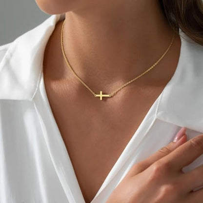 Cross Necklace for Women Dainty Small Cross Pendant Choker 14K Gold Plated Simple Trendy Cute Cross Charm Chain Necklace Easter Baptism Religious Faith Jewelry Gift - color: Sideways Cross-GD