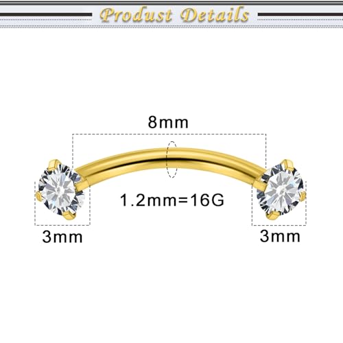 16G Eyebrow Piercing Jewelry Surgical Steel Cubic Zirconia Internally Threaded Vertical Labret Lip Jewelry Curved Barbell Tiny Eyebrow Rings Ear Rook Small Belly Button Ring for Women Men - color: goldtone,bar length:8mm