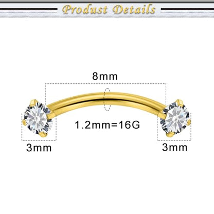 16G Eyebrow Piercing Jewelry Surgical Steel Cubic Zirconia Internally Threaded Vertical Labret Lip Jewelry Curved Barbell Tiny Eyebrow Rings Ear Rook Small Belly Button Ring for Women Men - color: goldtone,bar length:8mm