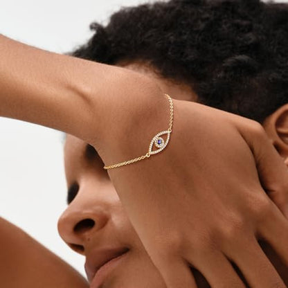 MEVECCO Dainty Chain Bracelets for Women, Layered and Charm Styles | 14K Gold Plated Brass, Select Cubic Zirconia Accents, Single and Multi-Row Structures for Refined Everyday Wristwear - style: Blue CZ Evil Eye