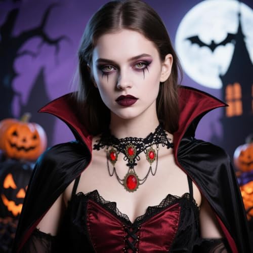 Vampire Choker Necklace for Women Gothic Lace Choker Necklace Y2K Goth Red Black Zirconia Pendant Necklaces Halloween Dark Bridal Vampire Costume Jewelry Accessories - style: Style-H