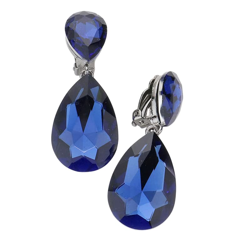 Rosemarie & Jubalee Women's Double Teardrop Statement Glass Crystal Rhinestone Dangle Clip On Bridal Earrings, 2" - color: Montana Blue Hematite Tone