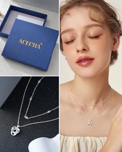 ACECHA Silver Necklace for Women, Dainty Layered Stack Set | silver plated, stackable, choker necklaces with cz pendant, ideal for daily prom wedding jewelry - color: silver-love knot