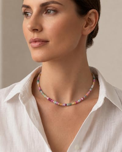Natural Heishi Gemstone Choker Necklace for Women, Adjustable 15"+2" Beaded Layering Necklace, Coastal Beach Jewelry Gift for Her - color: Colorful Gemstone