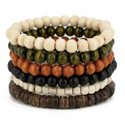 5 Pieces, Womens ans Mens Wooden Bead Bracelets Set, Multi-Color Wood Beads, Bohemian Style Stretch Bracelets