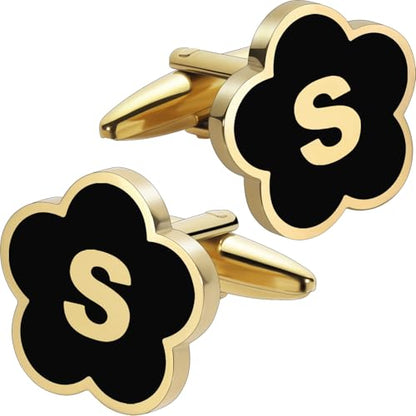 Initial Cufflinks for Mens,Personalized Black Glod Pated Letter Shirts CuffLinks,Stainless Steel Cuff Links, Business Wedding Gift A-Z - style: Letter S